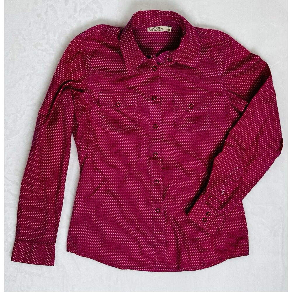 VINTAGE Rockies Long Sleeve Womens Med Pearl Snap Blouse Western Pink Polkadot